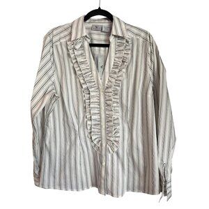 Worthington Womens Ruffle Front Striped Button-Down Shirt Size XL White Black